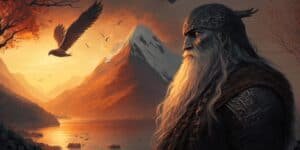 Odin stands by a serene lake after stealing the mead of poetry