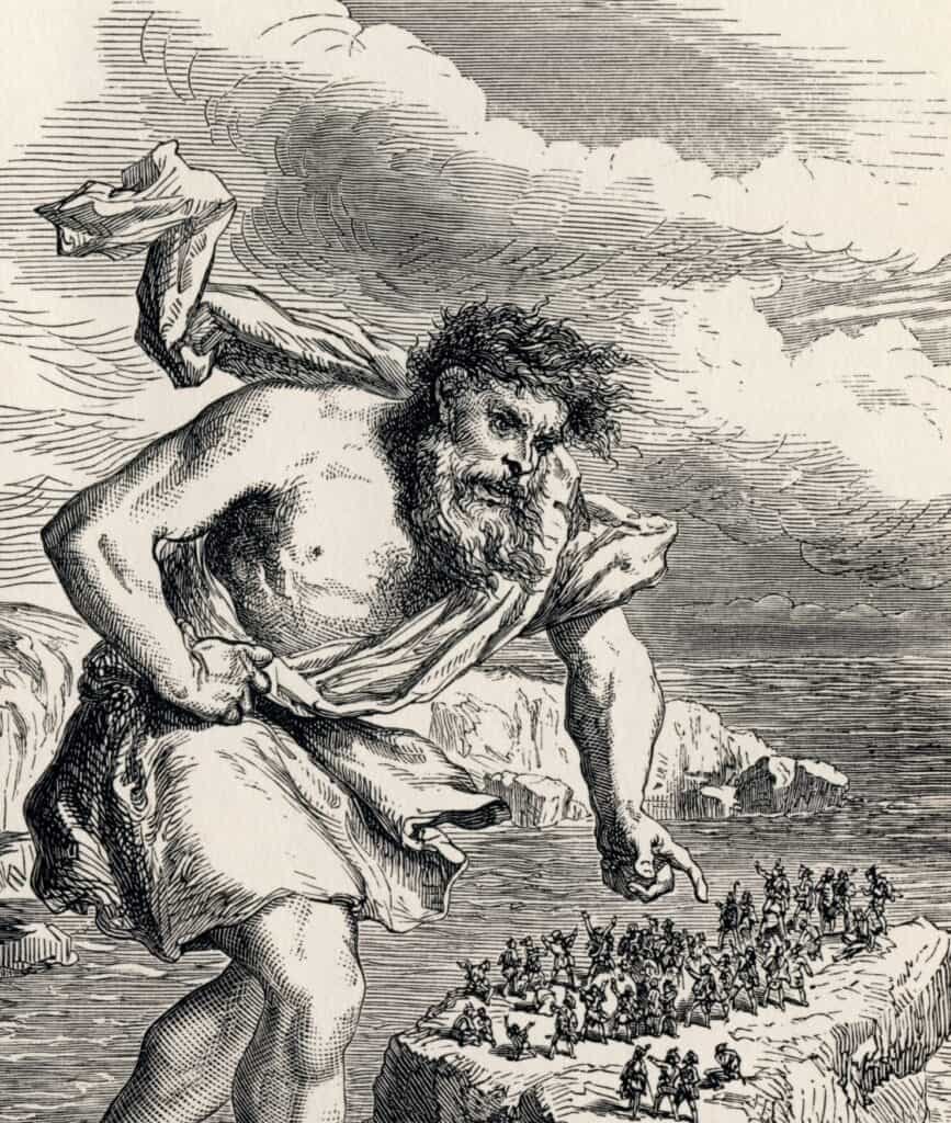 Suttung, the giant, towers over a cliff crowded with dwarfs.