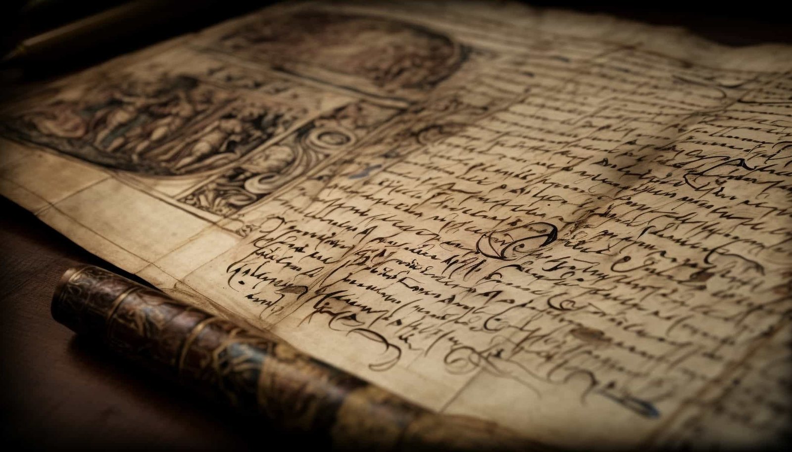 Handwritten ancient manuscript with intricate illustrations.