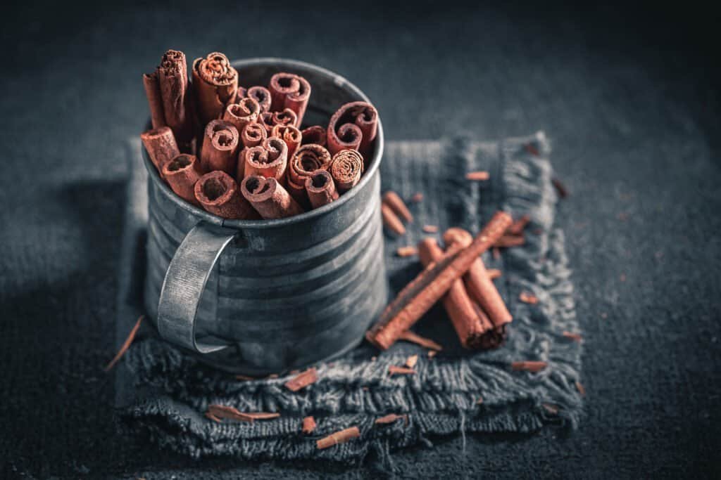 Intense cinnamon sticks on dark rustic table